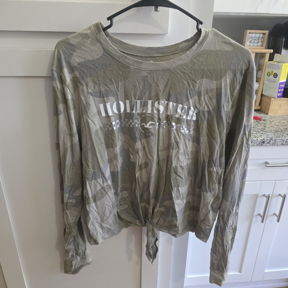 Hollister Olive Camo Tie-Front Long Sleeve